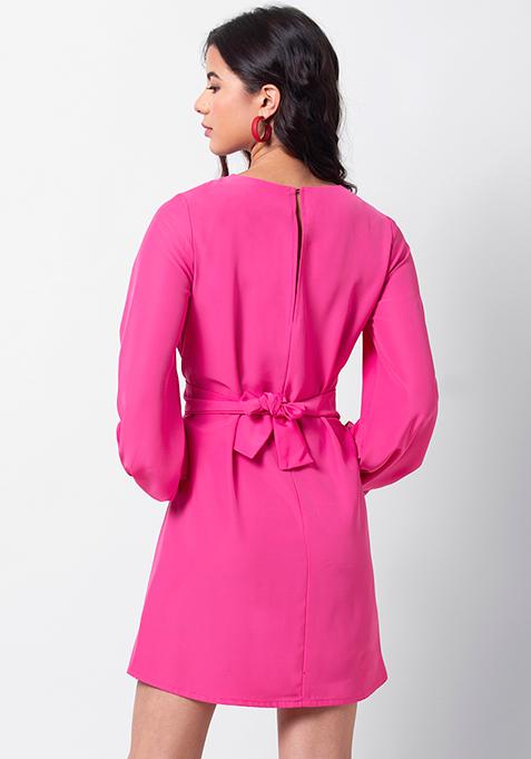 Buy Women Hot Pink Solid Belted Shift Dress - Trends Online India ...