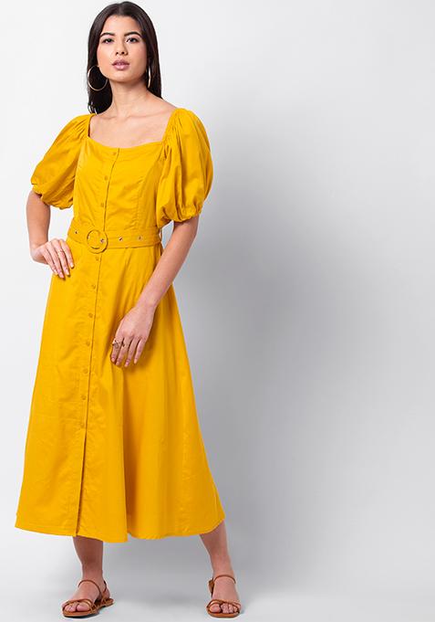 Mustard Balloon Sleeve Smocked Midi Dress with Belt 