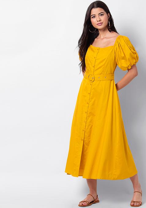 Buy Women Mustard Balloon Sleeve Smocked Midi Dress With Belt - Date ...