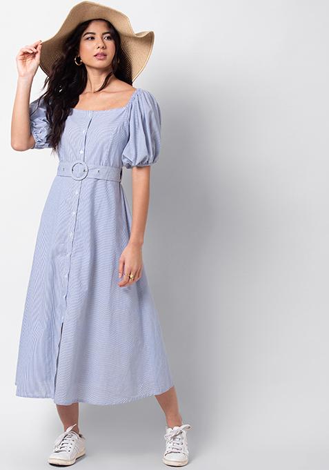 Blue Striped Balloon Sleeve Smocked Midi Dress with Belt 