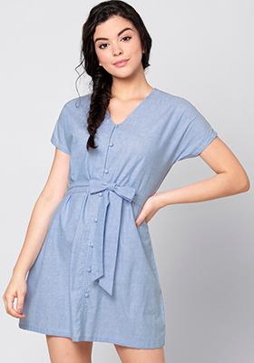 Blue Chambray Belted Mini Shirt Dress 