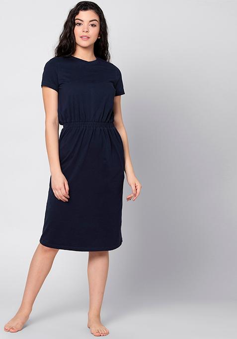 Buy Women Navy Jersey Elasticated Waist Midi Dress - Date Night Dress ...