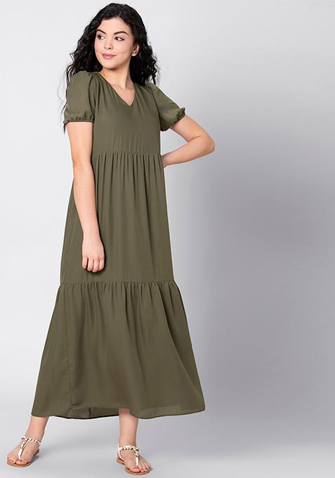 Buy Women Olive Solid Tiered Maxi Dress - Dresses Online India - FabAlley