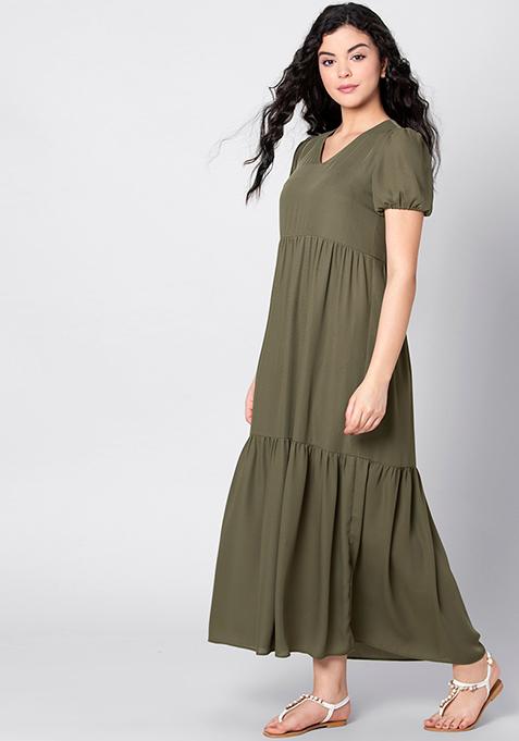 Buy Women Olive Solid Tiered Maxi Dress - Dresses Online India - FabAlley