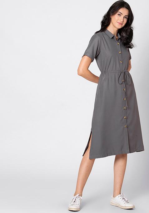 Dark Grey Office Style Belted Dress