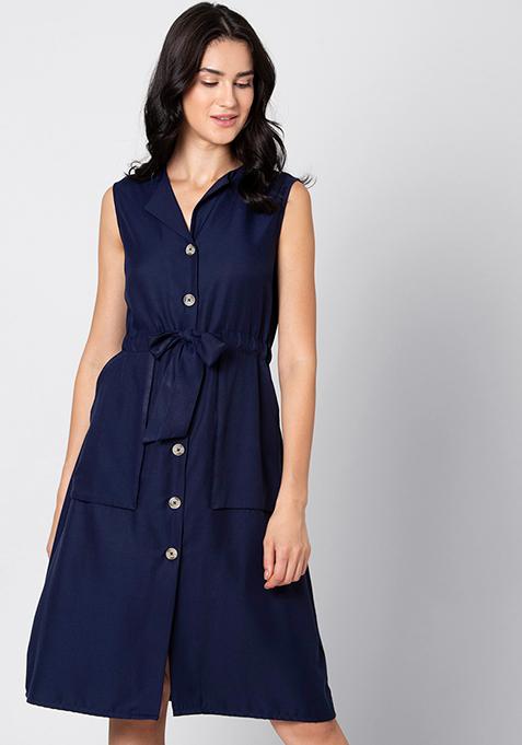 Buy Women Navy Sleeveless Drawstring Midi Shirt Dress - Trends Online ...