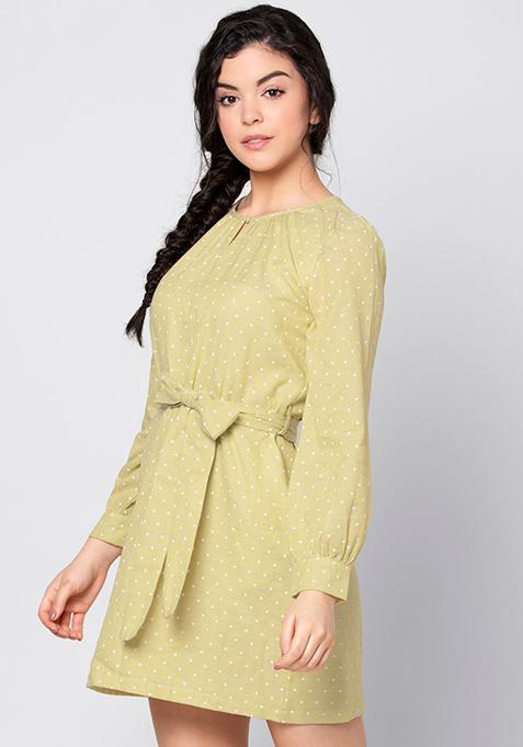 Buy Women Green Polka Belted Kaftan Mini Dress - Honeymoon Dress Online ...