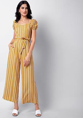 Yellow Striped V-Neck Belted Jumpsuit 