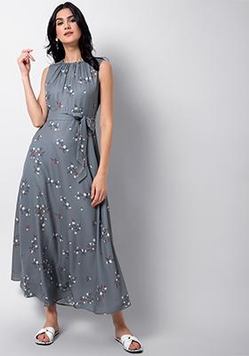 Grey Floral Belted Maxi Dress 