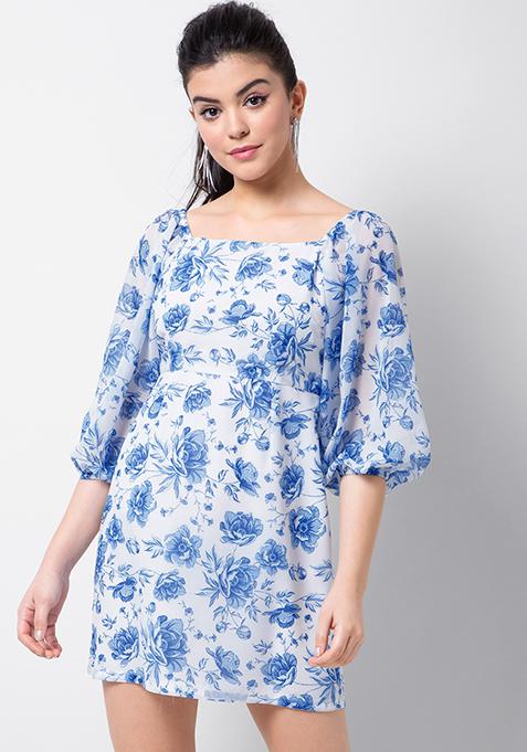 Blue Floral Balloon Sleeve Shift Dress 