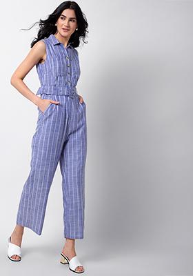 Blue Striped Collared Belted Jumpsuit 