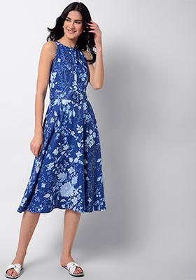 Blue Floral Midi Dress with Buckle Belt 