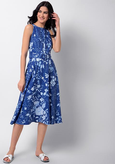 Blue Floral Midi Dress with Buckle Belt 