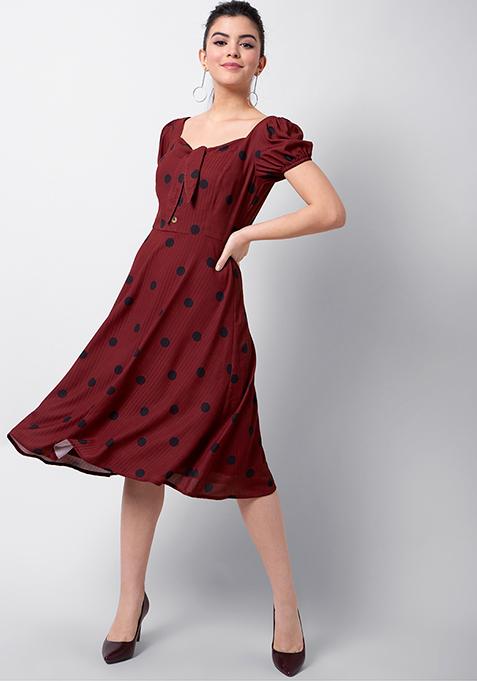 Wine Polka Knotted Puff Sleeve Dress 