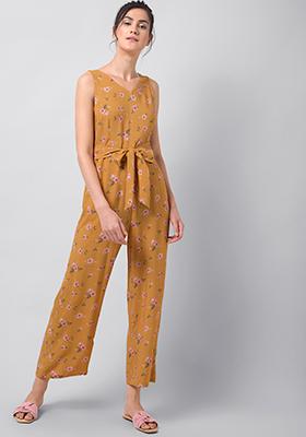 Mustard Floral Sleeveless Belted Jumpsuit 