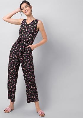 Navy Floral Sleeveless Belted Jumpsuit 