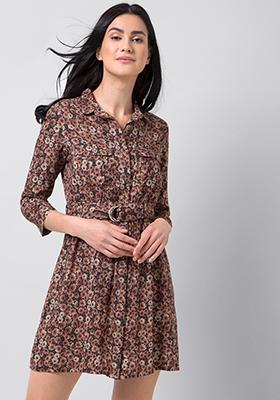 Brown Floral Belted Shirt Dress 