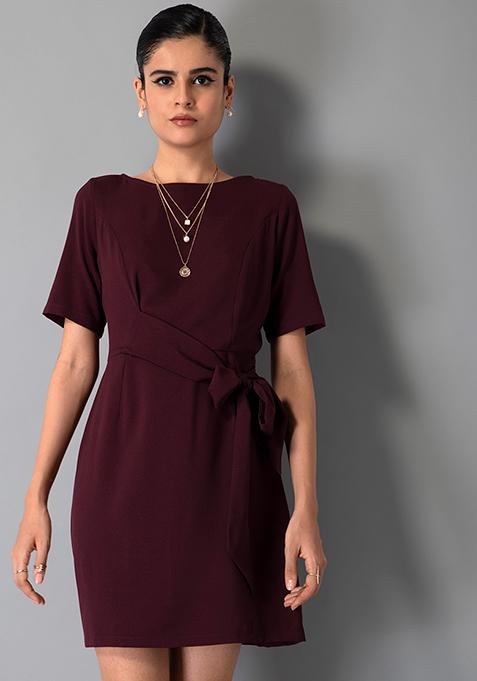 Wine Tie Waist Shift Dress 