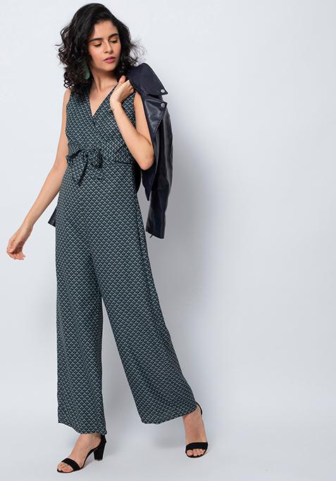 Green Printed Wrap Tie Up Jumpsuit