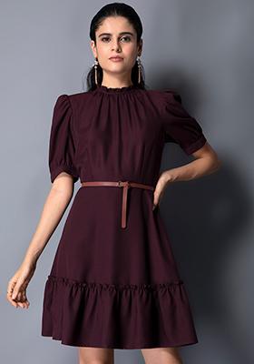 Wine Tiered Skater Dress with Tan Belt