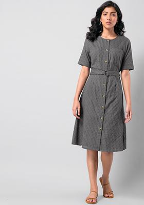 Grey Buttoned Belted Midi Dress