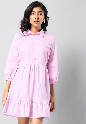 Blush Pink Poplin Gathered Waist Shirt Dress
