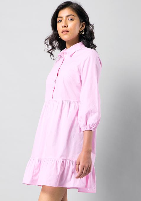Buy Women Blush Pink Poplin Gathered Waist Shirt Dress - Fab-All-Ex ...