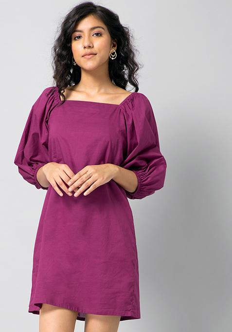 Plum Poplin Puff Sleeve Back Tie Dress