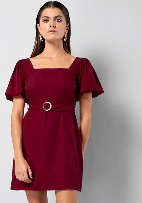 Maroon Balloon Sleeve Belted Shift Dress 