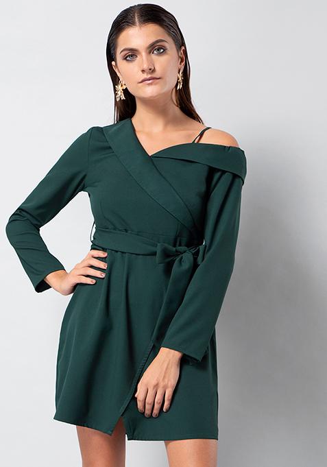 Buy Women Bottle Green Strappy One Shoulder Dress - Shift Dresses ...