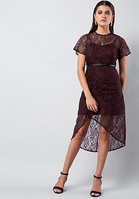 Wine Lace Ruched Midi Dress with Leather Belt 
