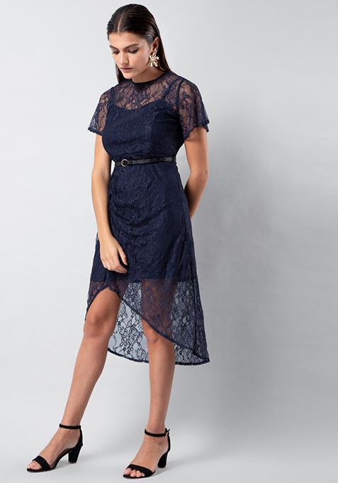 Navy Lace Ruched Midi Dress with Leather Belt 