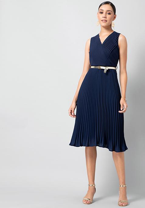 Buy Women Navy Pleated Midi Wrap Dress With Gold Belt - Trends Online ...