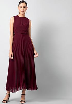 Wine Pleated Maxi Dress 