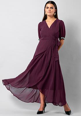 Purple Embellished Ruffled Wrap Dress 