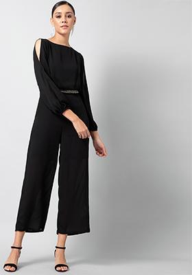 Black Slit Sleeve Embellished Jumpsuit 