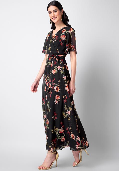 Buy Women Black Floral Belted Maxi Wrap Dress - Beach Wear Online India ...