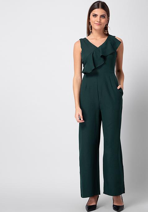 Buy Women Teal Diagonal Ruffle Jumpsuit - Date Night Dress Online India ...