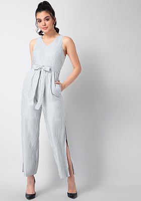White Nautical Striped Belted Jumpsuit