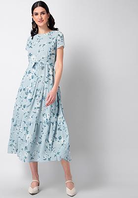 Blue Grey Floral Belted Midi Dress 