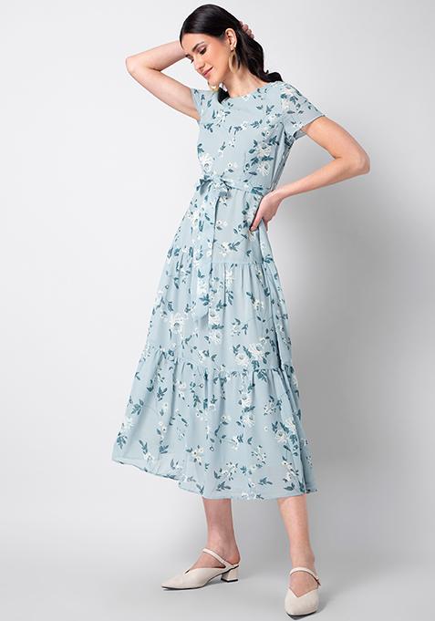 Buy Women Blue Grey Floral Belted Midi Dress - Date Night Dress Online ...