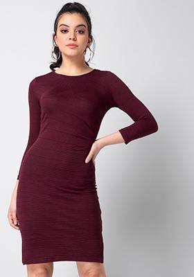 Maroon Striped Ruched Knit Dress 