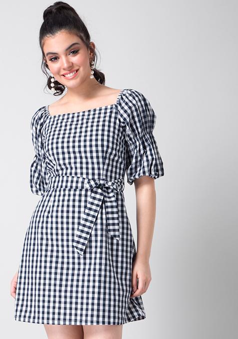 Navy Gingham Belted Off Shoulder Dress 