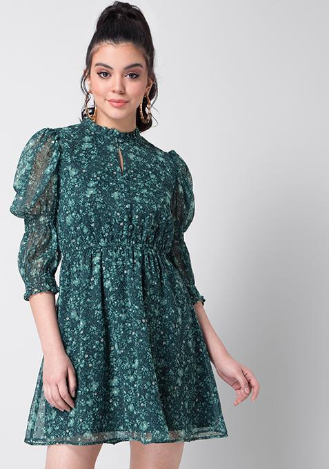 Green Floral Smocked Sleeve Dress  