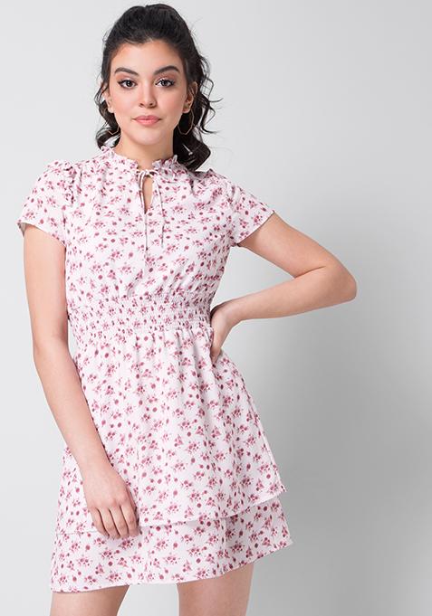 Off White Floral Smocked Waist Dress 