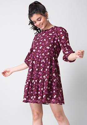 Maroon Floral Trapeze Dress 