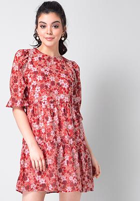 Red Floral Trapeze Dress 
