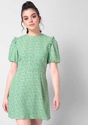 Green Ditsy Floral Cut Out Back Dress 