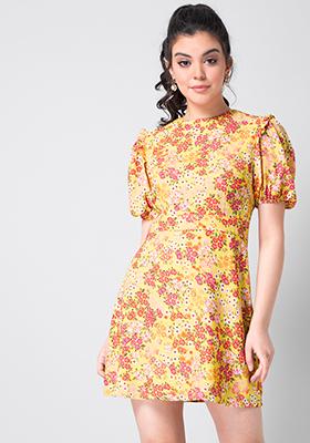 Yellow Floral Cut Out Back Dress 