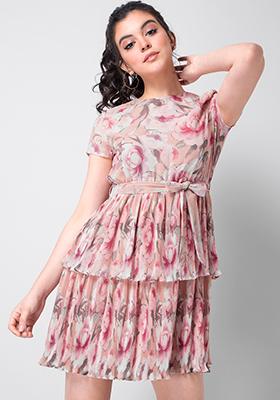 Peach Tiered Pleated Belted Dress